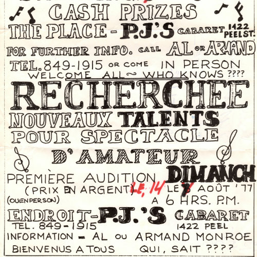 Affiche pour annoncer la recherche de nouveaux talents pour un spectacle amateur du P.J.’s. 1977. AGQ-F0050 Fonds Armand Monroe. Collection des Archives gaies du Québec.