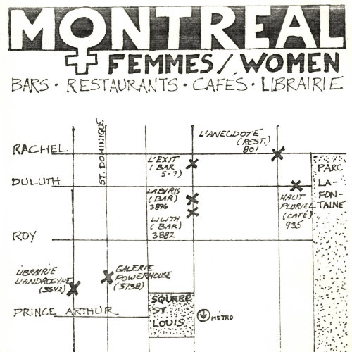 Carte de Montréal Femmes/Women : bars, restaurants, cafés. 1985. Graphisme : inconnu. D-015. Collection des Archives gaies du Québec.
