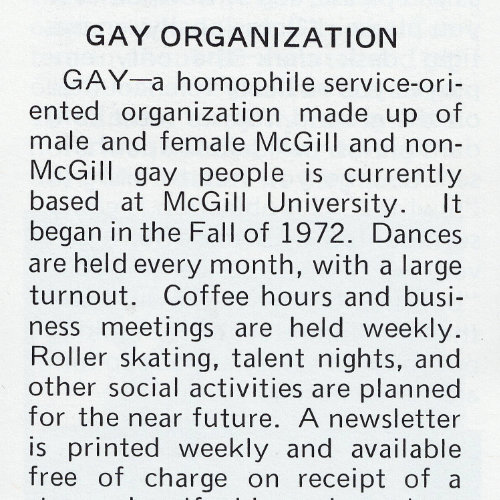 Texte sur le groupe GAY McGill dans le magazine de voyage Ciao ! Source: Ciao! The World of Gay Travel, numéro de juin 1973. Collection des Archives gaies du Québec.