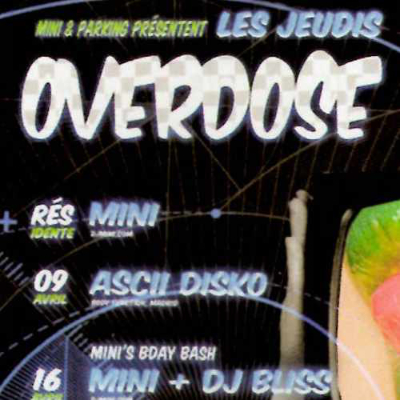 Publicité des jeudis Overdose au Parking. Source : Rencontres gaies no. 319 (avril 2009). Collection des Archives gaies du Québec