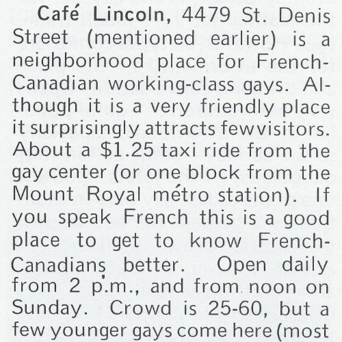 Informations sur le Café Lincoln en 1973. Source : Ciao! The World of Gay Travel, numéro de juin 1973. Collection des Archives gaies du Québec.