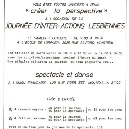 Invitation à l’occasion de la journée d’inter-actions lesbiennes. Septembre 1985. Source : Treize, volume 2, numéro 1. Collection des Archives gaies du Québec.