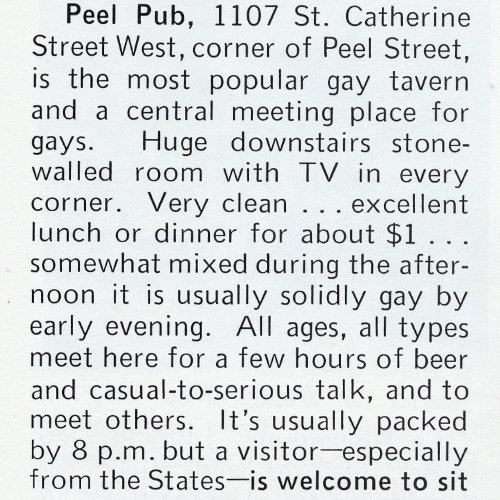Informations sur le Peel Pub en 1973. Source : Ciao! The World of Gay Travel, numéro de juin 1973. Collection des Archives gaies du Québec.