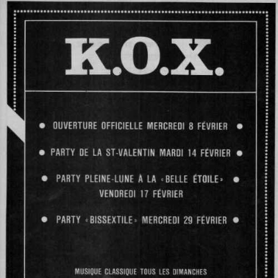 Publicité du K.O.X.. Source : Rencontres Gaies No. 18 (février 1984). Collection des Archives gaies du Québec
